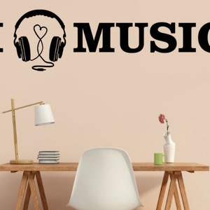 Ich Herz Musik - ich liebe Musik - Kopfhörer mit herzförmigen Schnur - zitieren entfernbaren Vinyl Wall Decal Aufkleber Art Wand Buchstaben Designs