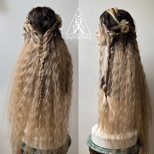 Persephone Goddess lace front wig, Renaissance fair, renfair wig, medieval baroque costume accessory, braided wig, curly wig