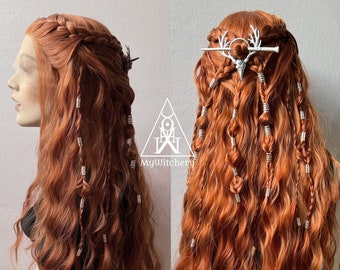 Pagan witch lace front wig , Fairy costume, larp costume, fae cosplay with hair jewelry,  witch costume