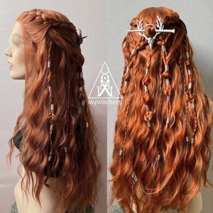 Pagan witch lace front wig , Fairy costume, larp costume, fae cosplay with hair jewelry,  witch costume