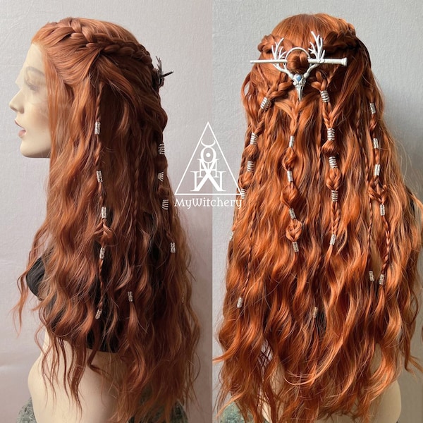 Peluca delantera de encaje de bruja pagana, disfraz de hada, disfraz de larp, cosplay de hadas con joyas para el cabello, disfraz de bruja