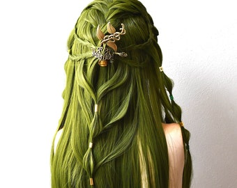 Fairy core cosplay green braided wig, Straight wig, lace front wig, custom wig