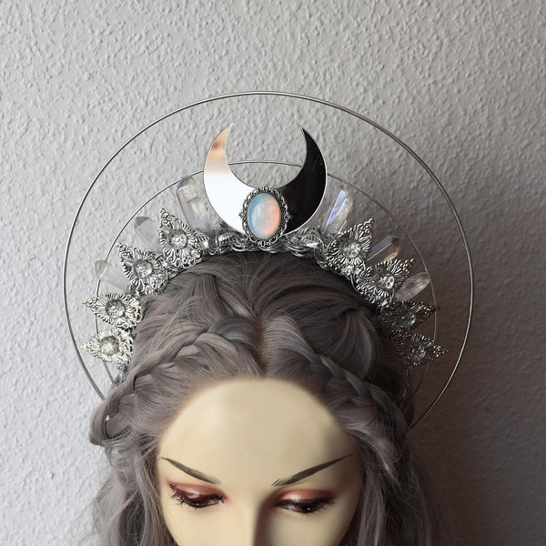 Corona ceremonial bruja diosa de la luna - Tocado de cristal de cuarzo plateado - Tocado celestial de boda pagana - Regalo de bruja blanca