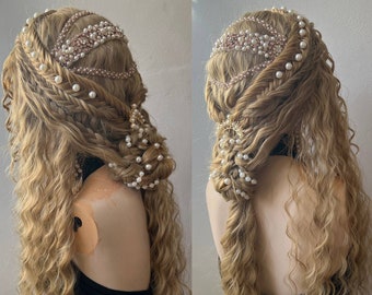 Medieval Renaissance curly wig, Braided wig, Lace front wig, Renfair wig, Renaissance faire