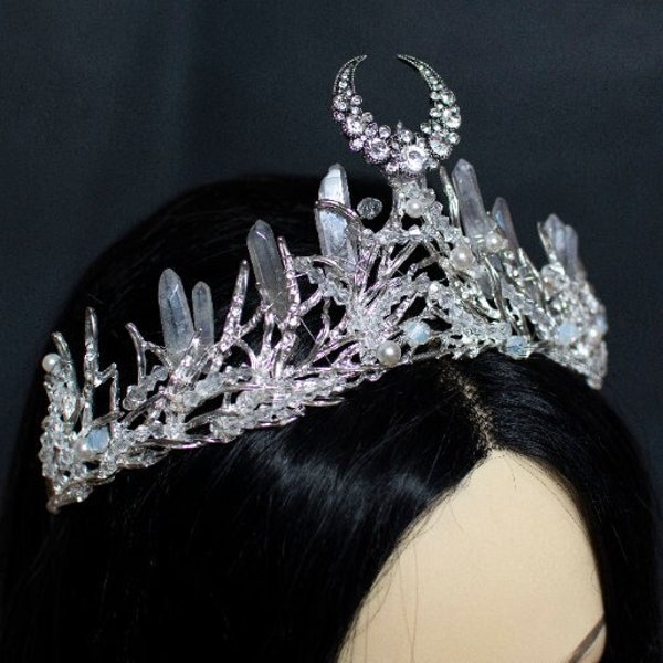 Corona de cristal de diosa de la luna Diana, tocado de boda, diadema de tiara de fantasía élfica, boda de fantasía, corona de boda