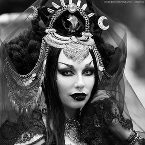 Gothic Selene Moon Goddess Headpiece with Veil – Custom Dark Fantasy Cosplay Accessory to Order