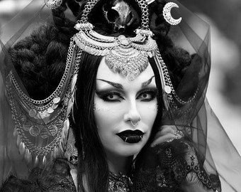 Gothic Selene Moon Goddess Headpiece with Veil – Custom Dark Fantasy Cosplay Accessory to Order