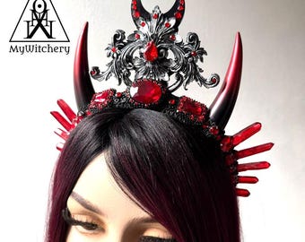 Gothic Vampire Wedding Crown with Horns and Crystals TO ORDER