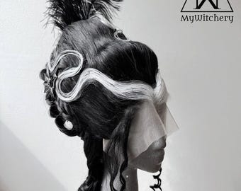 Costume Wig, Black White Synthetic Lace Front with Feather Detail