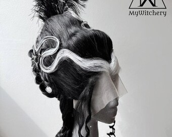 Rococo Wig, Black White Synthetic Lace Front Costume Wig with Feather