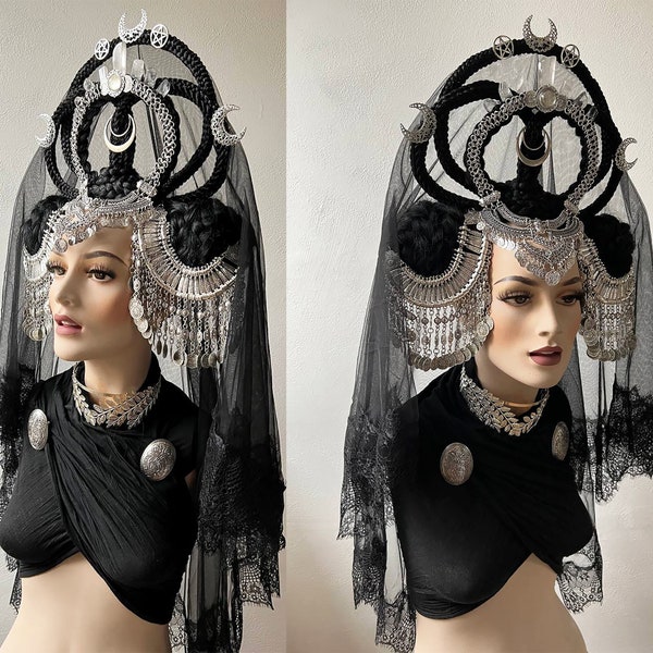 Selene Mondgöttin Kopfschmuck mit schwarzem Schleier Gothic Kopfschmuck, Gothic Krone, Kristall Haarkrone