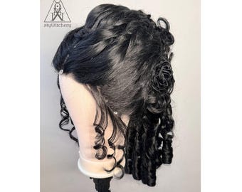 Victorian Gothic Lace Front Wig, Black Curls with Roses, Dark Romantic Hairstyle TO ORDER