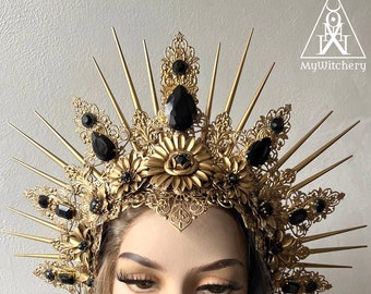 Golden Silver spiked headpiece - Golden crystal crown - Fantasy gothic wedding headdress