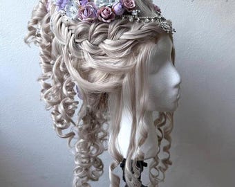 Fantasy Queen Wig, Silver Curly Rococo Style with Floral Hair Accessories