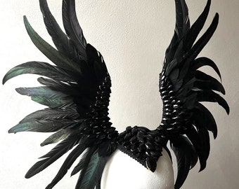 Feathers Wings Headdress with Black Feathers | Fantasy Costume, Cosplay, Valkyrie, Gothic Wedding, Angel
