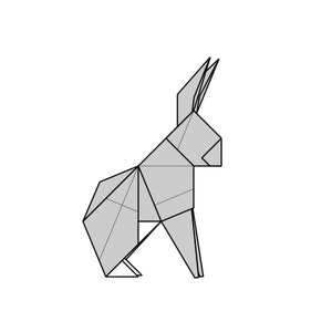 May include: A gray origami rabbit, folded in a sitting position with its ears upright.