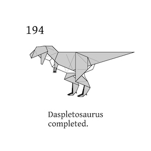 Op de afbeelding: Een zwart-witte lijntekening van een origami Daspletosaurus-dinosaurus, met de tekst "194" en "Daspletosaurus voltooid."