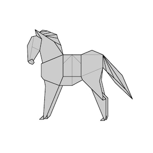 May include: A gray origami horse with a folded paper design. The horse is standing on all four legs with its head turned to the side.