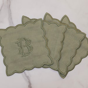 Custom Scallop Monogram Cocktail Napkins, Linen Hemstitch Embroidered Cocktail Napkins, Personalized Monogrammed Coasters