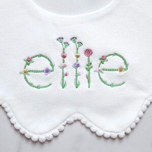 Embroidered Custom Bib with Scallop Pom Pom Trim, Baby Girl name with floral font