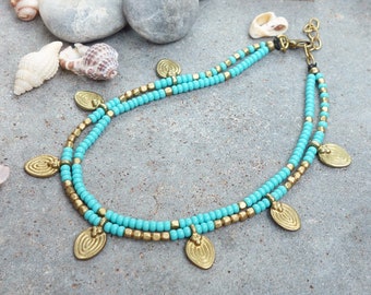 Turquoise Ankle Bracelet, Turquoise Anklet, Beaded Anklet, Gypsy Jewelry, Hippie Jewelry, Anklet, Summer Jewelry, Artjuna