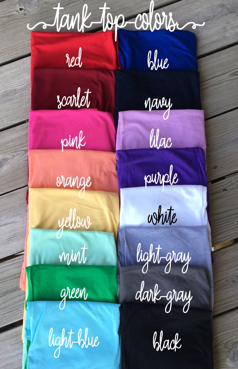 May include: A collection of tank tops in various colors, including red, blue, scarlet, navy, pink, lilac, orange, purple, yellow, white, mint, light gray, green, dark gray, light blue, and black.