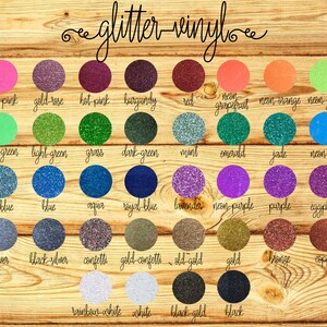 May include: A chart of 36 different colors of glitter vinyl. The colors are arranged in rows and columns. The colors include neon pink, gold rose, hot pink, burgundy, red, neon grapefruit, neon orange, neon yellow, neon green, light green, grass, dark green, mint, emerald, jade, neon blue, old blue, blue, aqua, royal blue, lavender, neon purple, purple, eggplant, silver, black silver, confetti, gold confetti, old gold, gold, bronze, copper, rainbow white, white, black gold, and black.