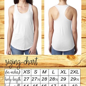 May include: Sizing chart for a white tank top in sizes XS, S, M, L, XL, and 2XL. The chart shows the body length and body width in inches.