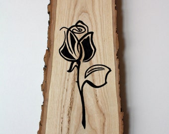 Valentines Wall Hanging 14 featuring Hand Painted Silhouette of a Stylized Rose - Hardwood with Live Edge