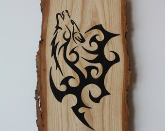Wall Hanging featuring Hand Painted Silhouette of a Wolf on Hardwood with Live Edge