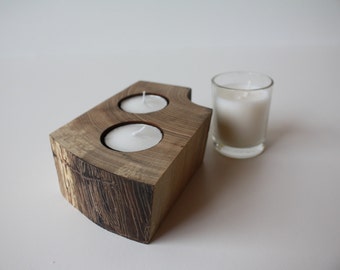 Irregular en forma de Spalted madera Portavelas para 2 luces de té con detalle de corte de núcleo