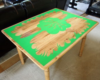 Repurposed "In the Tree Tops and Amongst the Weeds" Pine Table Top with Maple Base