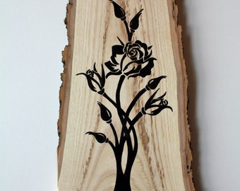 Valentines Wall Hanging 15 featuring Hand Painted Silhouette of Blooming Roses - Hardwood with Live Edge