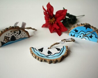 Handpainted Half Moon Snow Scene Ornaments - Home Decor for Christmas Holidays - Made from naturally fallen trees
