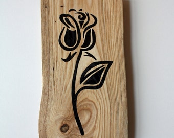 Valentines Wall Hanging 11 featuring Hand Painted Silhouette of a Stylized Rose - Hardwood with Live Edge