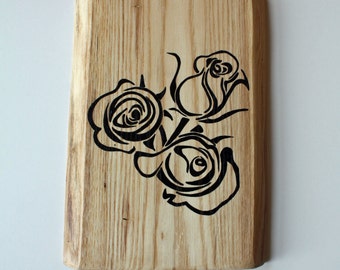 Valentines Wall Hanging 9 featuring Hand Painted Silhouette of 3 Roses Hardwood with Live Edge