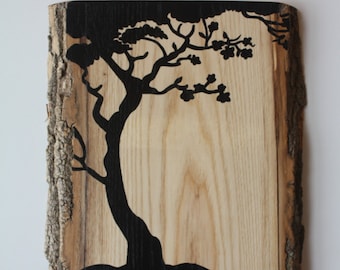 Wall Hanging 7 featuring Hand Painted Silhouette of a Tree on Hardwood with Live Edge