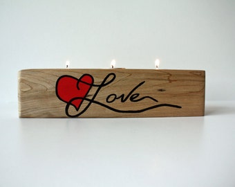 Hand Painted "Love" Spalted Hardwood Candle Holder for 3 tea lights