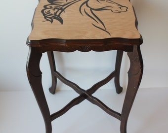 Antique Re-purposed Maple Side Table with Hand Painted Horse Silhouette Top -  Large