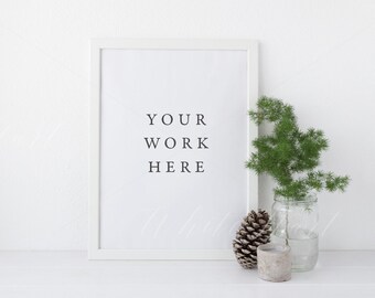 Download Free White frame mock up - Natural Christmas - 30X40cm Portrait - Jpeg+PSD - Pine cone, white winter styled, rustic natural frame mockup PSD Template