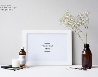 Download Free Landscape white frame mockup - Floral rustic minimal feel - High res Jpeg and Psd with Smart Object PSD Template