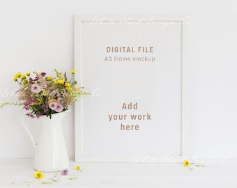 A3 frame mockup - Floral styled white frame - 30x40cm Portrait - PSD smart object + Png + Jpeg - Digital download, weddings and nursery art