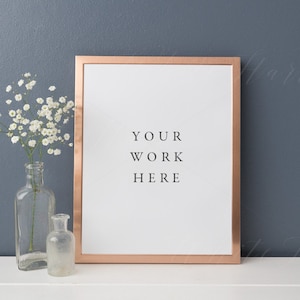Frame mockup - 8x10 - Copper frame styled with white baby's breath flowers - Psd + Png + Jpeg - Dark & chic - promote your artwork online