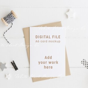 May include: A white card mockup with a brown envelope, a white background, and the text "DIGITAL FILE A6 card mockup Add your work here".