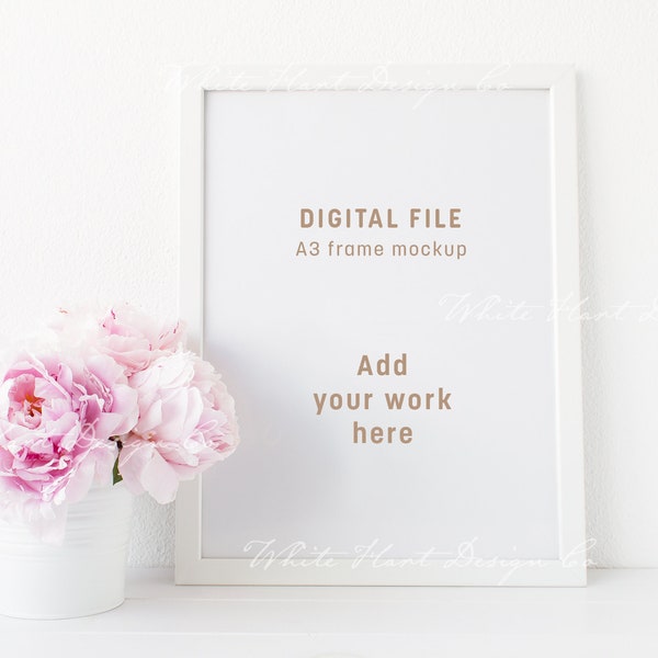 Frame mockup - A3 - White frame styled with peonies - 30x40cm - Psd smart object + Jpeg - Digital download - Perfect for prints, art etc.