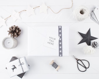 Christmas Gift tag mock up - Styled stock photography - Overhead white wooden background - High Res Jpeg file