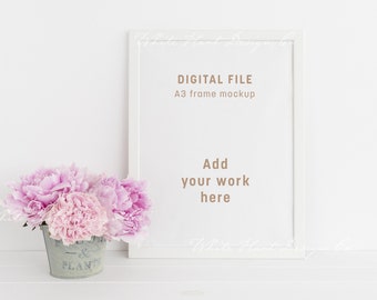 A3 frame mockup - Floral styled white frame - 30x40cm Portrait - PSD smart object + Png + Jpeg - Digital download, weddings and nursery art