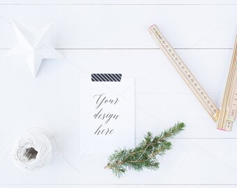 Christmas Styled Desktop Stock photography - Overhead white wooden background - High Res Jpeg file