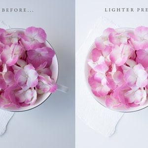 May include: A white ceramic bowl filled with pink and white hydrangea petals. The bowl is on a white surface. The text "LIGHTER PRESET" is visible in the upper right corner of the image.