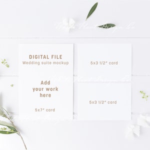 May include: A digital file mockup for wedding stationery, featuring two white cards on a white wood background. The larger card is 5x7 inches and the smaller cards are 5x3 1/2 inches. The text on the larger card reads "DIGITAL FILE Wedding suite mockup Add your work here 5x7" card. The text on the smaller cards reads "5x3 1/2" card".
